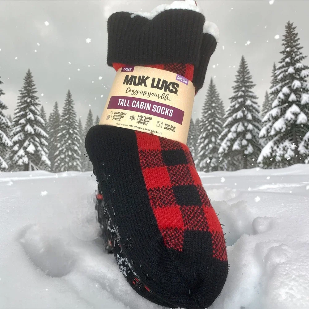 NEW MUK LUKS Tall Cabin Socks Fair Isle Red Black Non Skid Women's Sz 6-10 NWT